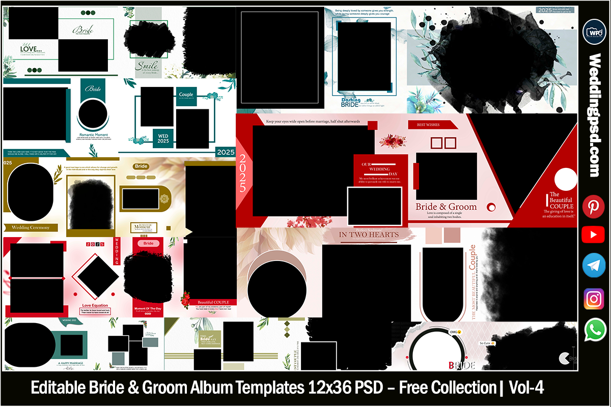 Editable Bride & Groom Album Templates 12x36 PSD Free Collection
